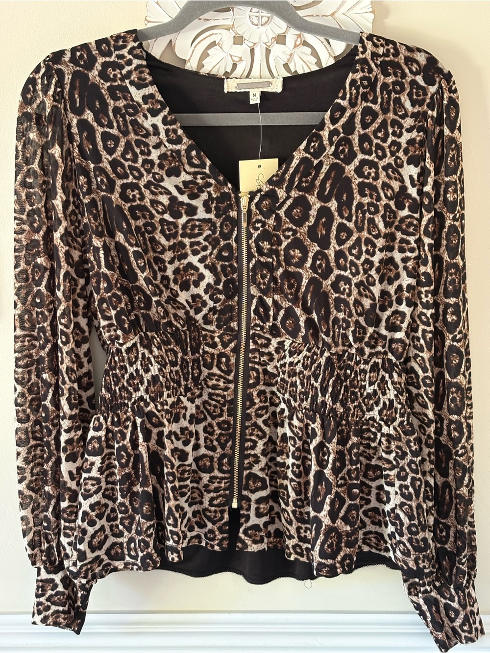 Leopard Print Zip-Front Blouse Jacket - Brown/Black